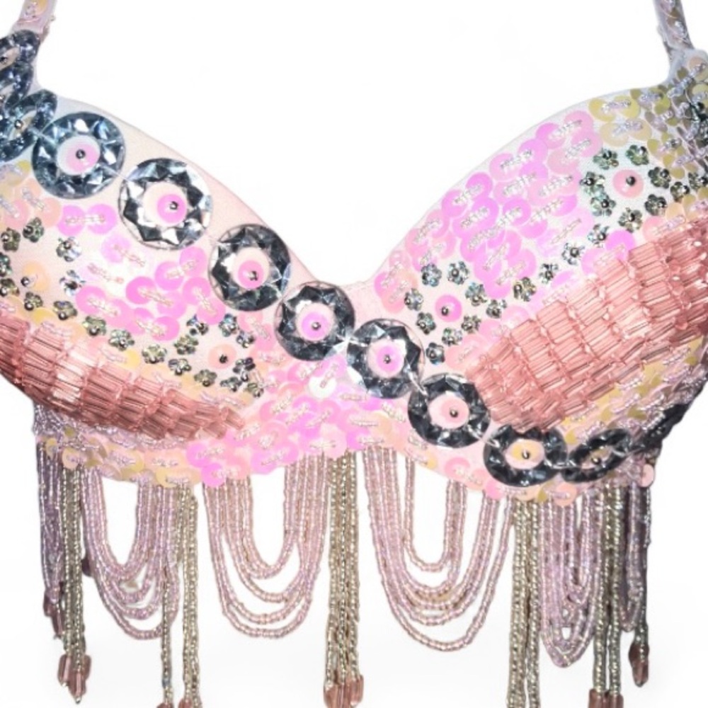 Hand Made Belly Dancer Costume Burlesque Showgirl Beaded Sequin Pink Bra Top 34B